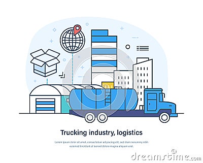 Trucking industry, logistics, cargo transportation, shipping and delivery Vector Illustration