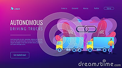 Truck platooning concept landing page. Vector Illustration