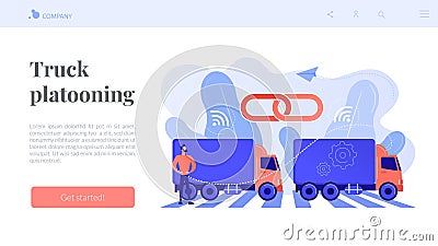 Truck platooning concept landing page. Vector Illustration