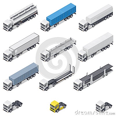 Trucks with different semi-trailers detailed isometric icons set Vector Illustration