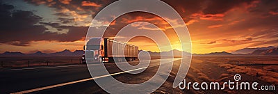 Trucks driving on highway, rural landscape, dramatic sunset, transportation on road Stock Photo