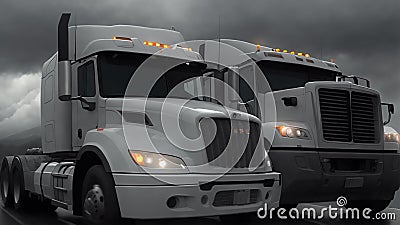 Trucks is driving on the road. Dark dramatic landscape as background, gloomy sky with rainy clouds, forest and hill. Stock Photo