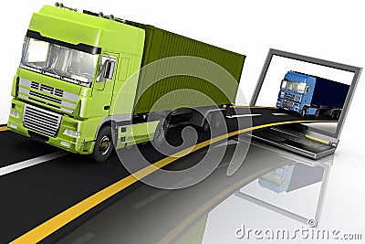 Trucks on freeway coming out of a laptop Cartoon Illustration