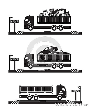 Trucks with scrap at weighbridge scale Vector Illustration