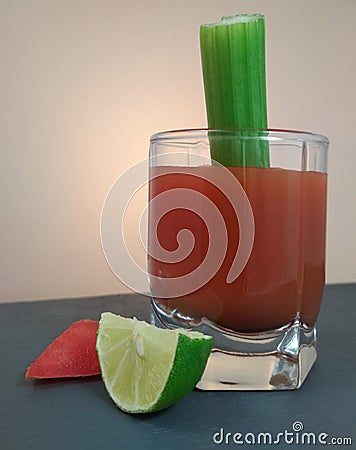 True Bloody Mary Cocktail lemon and tomato slice. Stock Photo