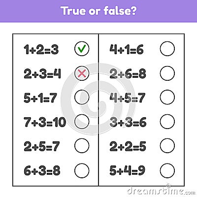 True or false. Addition. Educational math game for kids preschool and school age. Vector Illustration