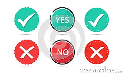 True and false flat icons. Check mark and red cross icon. Yes or No button. Vector illustration Vector Illustration