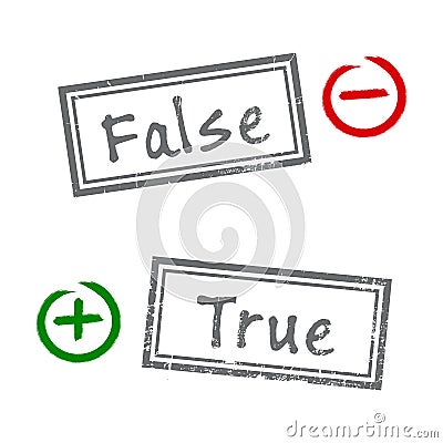 True and false grunge rubber stamp isolated on white background. Minus and Plus signs in the circle. Flat design Vector Illustration