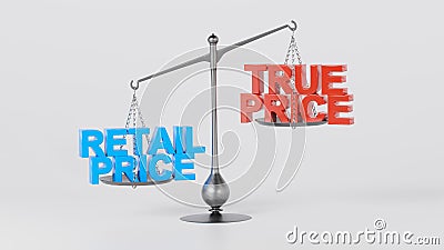 True pricing versus Retail pricing on a balance scale. To indicate the price difference between true and real prices Stock Photo