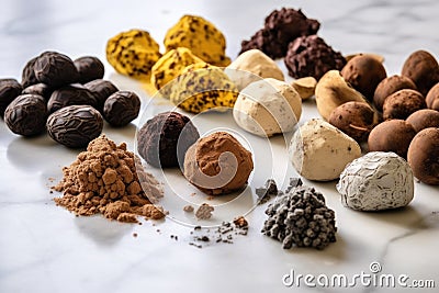 truffles in various stages of preparation on a marble surface Stock Photo