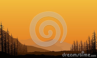 A truly amazing view of the mountains from the edge of the city at dusk with the silhouette of pine trees around it Vector Illustration