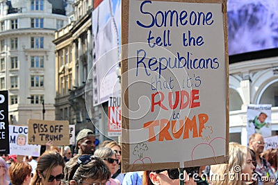 Trump Protest march London, July 13, 2018 : anti-Donald Trump placards Editorial Stock Photo