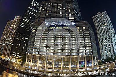 Trump Tower Chicago fisheye at night Editorial Stock Photo