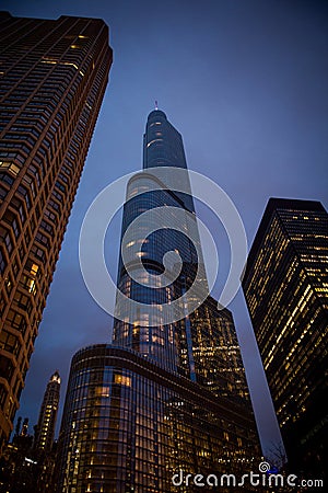 Trump Tower from Chicago at night. Chicago cityscape at dusk time Editorial Stock Photo