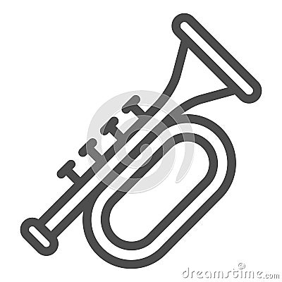 Trumpet line icon. Brass musical instrument with flared bell outline style pictogram on white background. Patrick day Vector Illustration