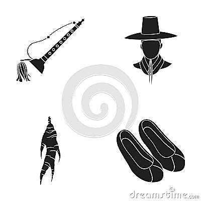 Trumpet is a national musical instrument, a Korean in a headdress, a healing root, Korean shoes. South Korea set Vector Illustration