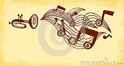 Trumpet plays music. Horizontal background Vector Illustration