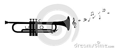 Trumpet Silhouette With Flying Notes - Black Vector Illustration - Isolated On White Background Stock Photo