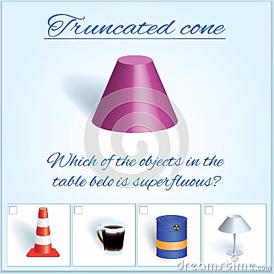 Truncated cone. Image of volumetric geometrical figure with examples of such objects form Vector Illustration