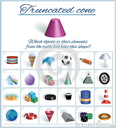 Truncated cone. Image of volumetric geometrical figure with examples of such objects form Vector Illustration
