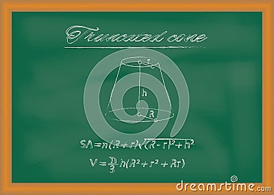 Truncated Cone. Sketch of geometric figure and formulas for calculating its surface area and volume drawn on chalkboard Vector Illustration