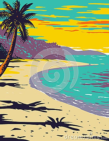 Trunk Bay Beach Located Within Virgin Islands National Park on the Island of St John in the Caribbean Sea WPA Poster Art Vector Illustration