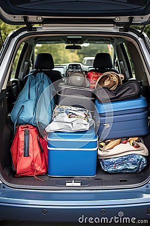 The trunk of a car full of suitcases and things. Travel by car. Stock Photo