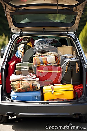 The trunk of a car full of suitcases and things. Travel by car. Stock Photo