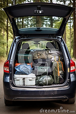 The trunk of a car full of suitcases and things. Travel by car. Stock Photo