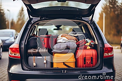 The trunk of a car full of suitcases and things. Travel by car. Stock Photo