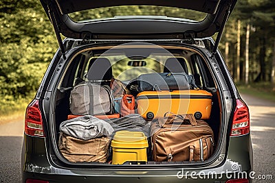 The trunk of a car full of suitcases and things. Travel by car. Stock Photo