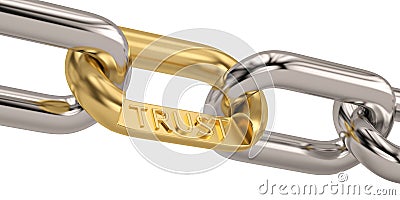 Trust word as symbol in chain isolated on white background. 3D Cartoon Illustration