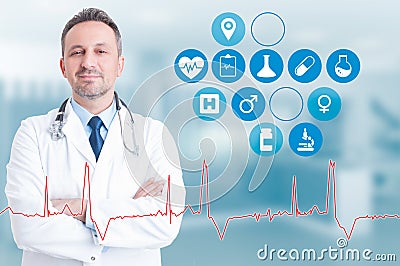 Trusthworthy medic with health application near him on virtual i Stock Photo
