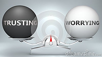 Trusting and worrying in balance - pictured as a scale and words Trusting, worrying - to symbolize desired harmony between Cartoon Illustration