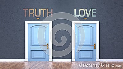 Truth and love as a choice - pictured as words Truth, love on doors to show that Truth and love are opposite options while making Cartoon Illustration