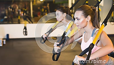 TRX training. Girls training triceps with fitness straps Stock Photo