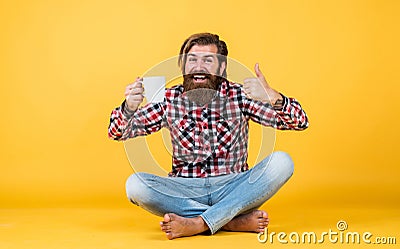 try this. man drink hot tea from cup. good morning. energetic warm beverage. coffee for inspiration. perfect start of Stock Photo