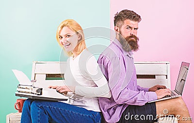 Try new technology. Time change old habits. Old fashioned against modern, outdated against new. Man work use modern Stock Photo