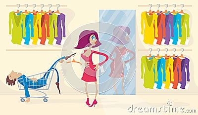 Trying On Dress Vector Illustration