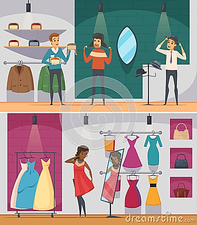 Trying Shop Flat People Composition Set Vector Illustration