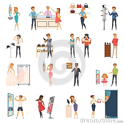 Trying Shop Flat People Icon Set Vector Illustration