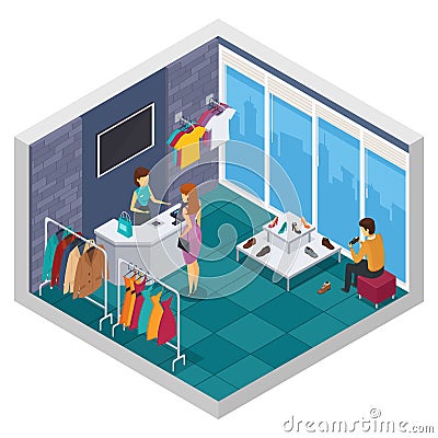 Trying Shop Isometric Composition Vector Illustration