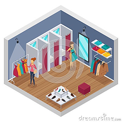 Trying Shop Isometric Interior Vector Illustration