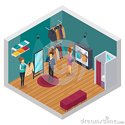 Trying Shop Isometric Interior Concept Vector Illustration