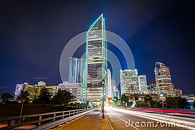 Tryon Street and modern skyscrapers at night, in Uptown Charlotte, North Carolina. Stock Photo