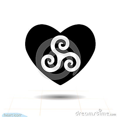 Tryskel circle floats in heart. Heart black icon, Love symbol. Valentines day sign, emblem, Flat style for graphic and web Vector Illustration
