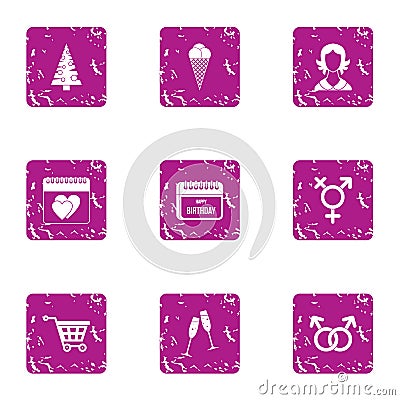 Tryst icons set, grunge style Vector Illustration