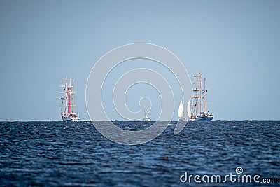 Trzebiez, Poland - August 08, 2017 - Big sailing ships sails to the full sea after final of Tall Ships Races 2017 in Stettin on 05 Editorial Stock Photo