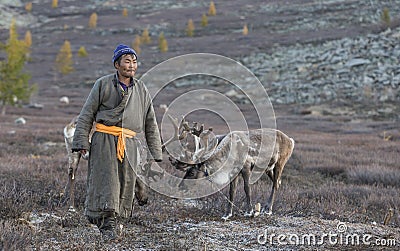Tsaatan man, dressed in a traditional deel, with his reindeers Stock Photo