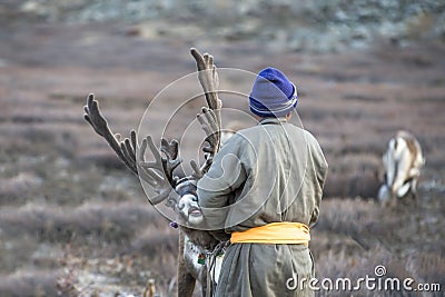 Tsaatan man, dressed in a traditional deel, with his reindeers Stock Photo